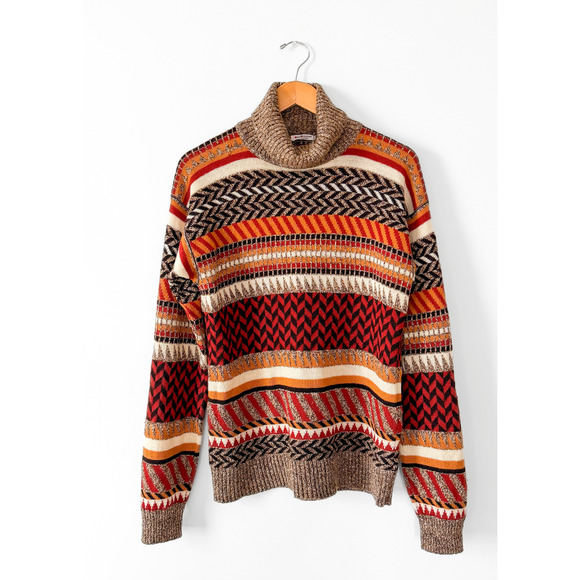 Vintage 70s Saint Laurent Rive Gauche Brown Rust Cream Knit Turtleneck Sweater - Picture 4 of 12